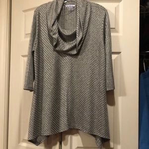 NUGARD -PL -Silver Stripe Design Fabric -Cowl Neck -  Asymmetrical Hem Tunic